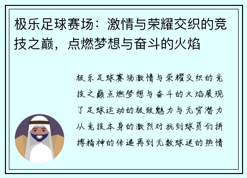 极乐足球赛场：激情与荣耀交织的竞技之巅，点燃梦想与奋斗的火焰